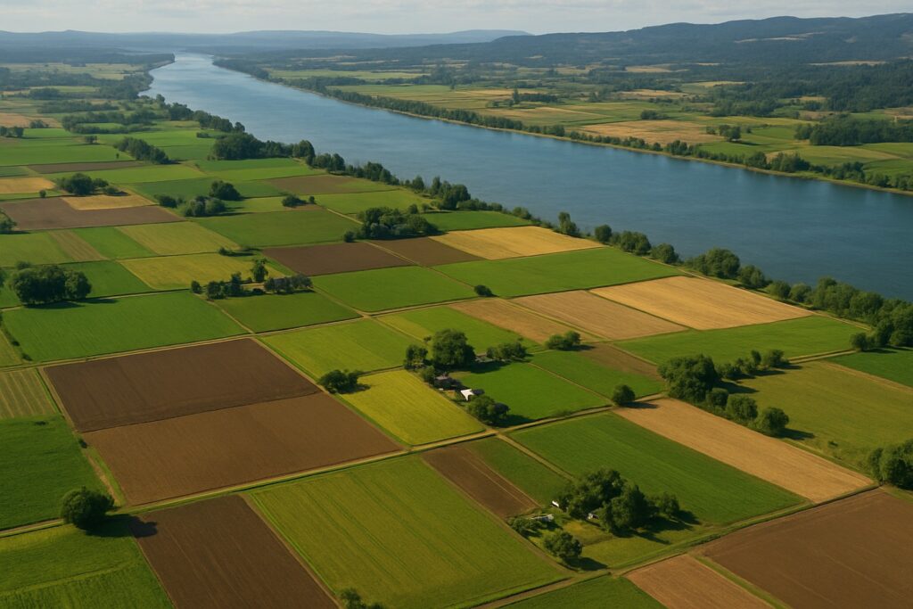 Aerial view of floodplain farmland along the Columbia River in Washington State.