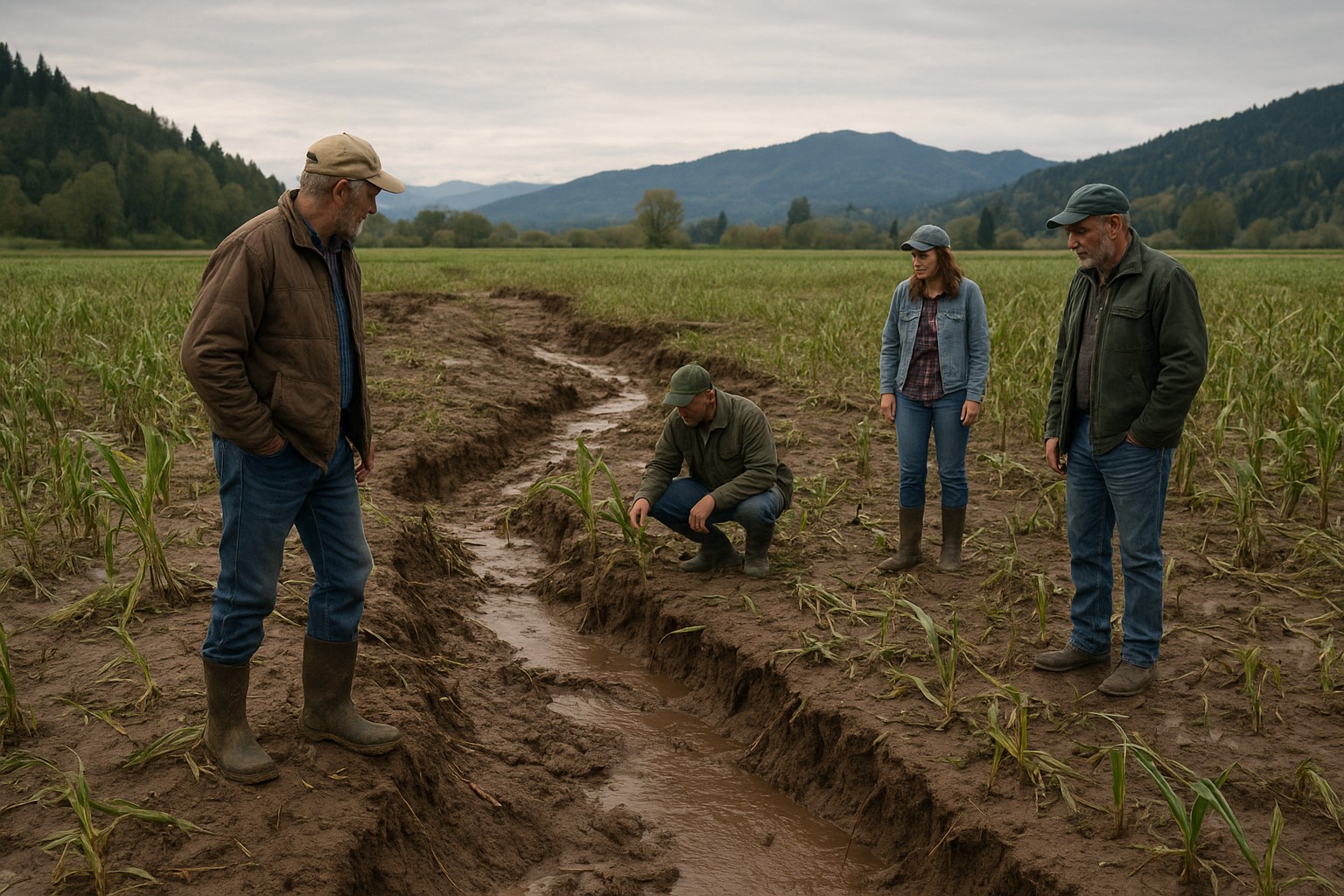 Farmers inspecting floodplain farmland with soil erosion and crop damage in Washington State.