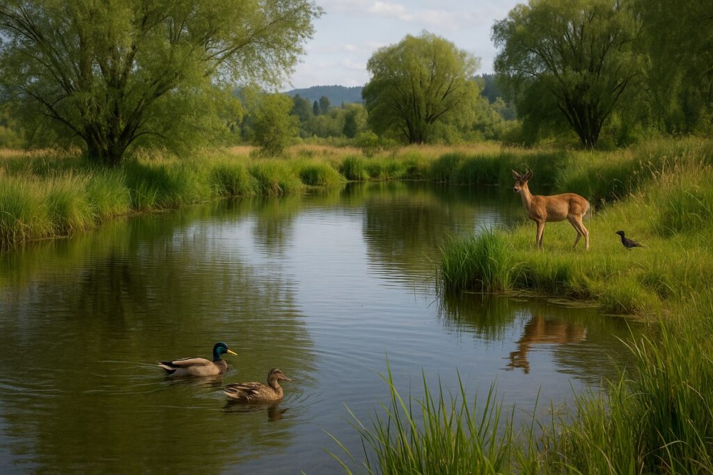 A pond in Washington State with native plants, birds, and deer, illustrating a balanced ecosystem.