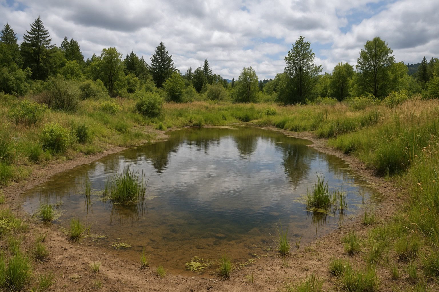 A pond with varied depths in Washington State, designed for wildlife support and mosquito control.