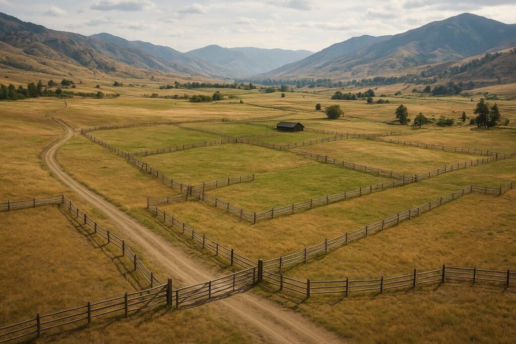 Map of a Washington State ranch with detailed features like fences and roads.