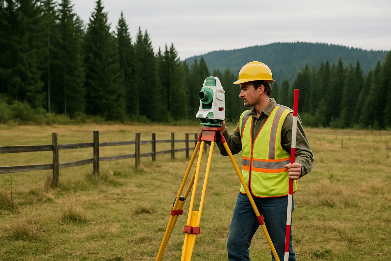 Surveyor marking boundaries on a Washington State ranch with evergreen forests.