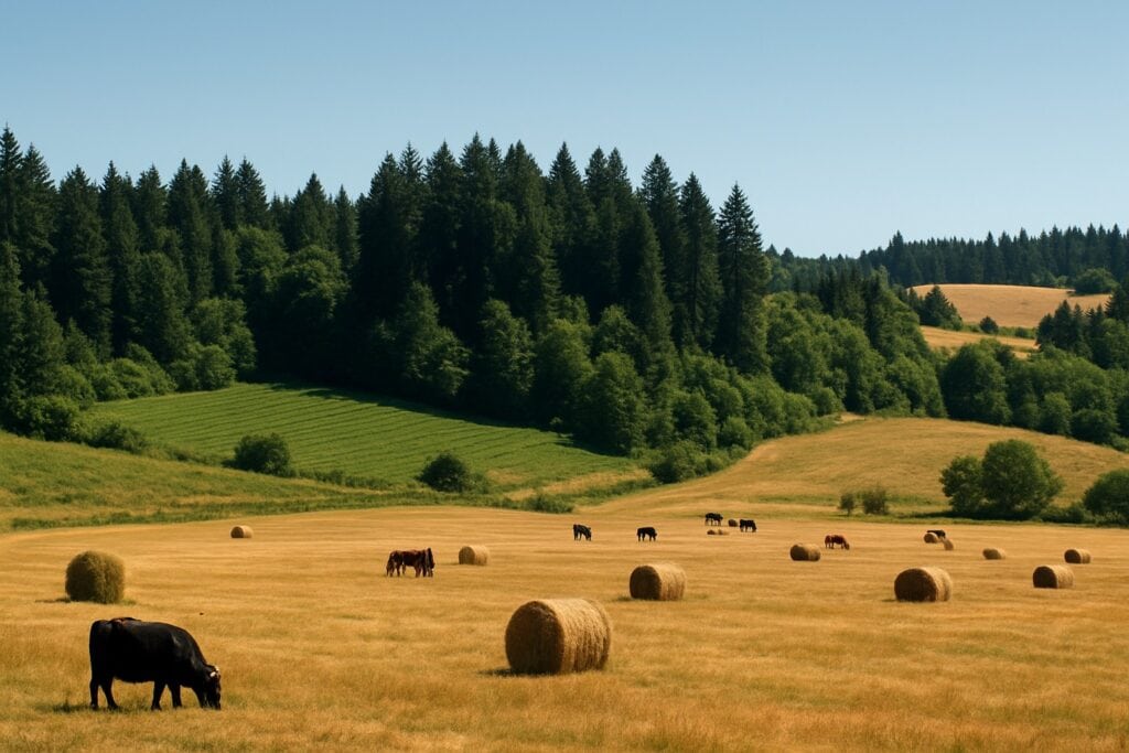 Washington State farm with timberland and hay fields.