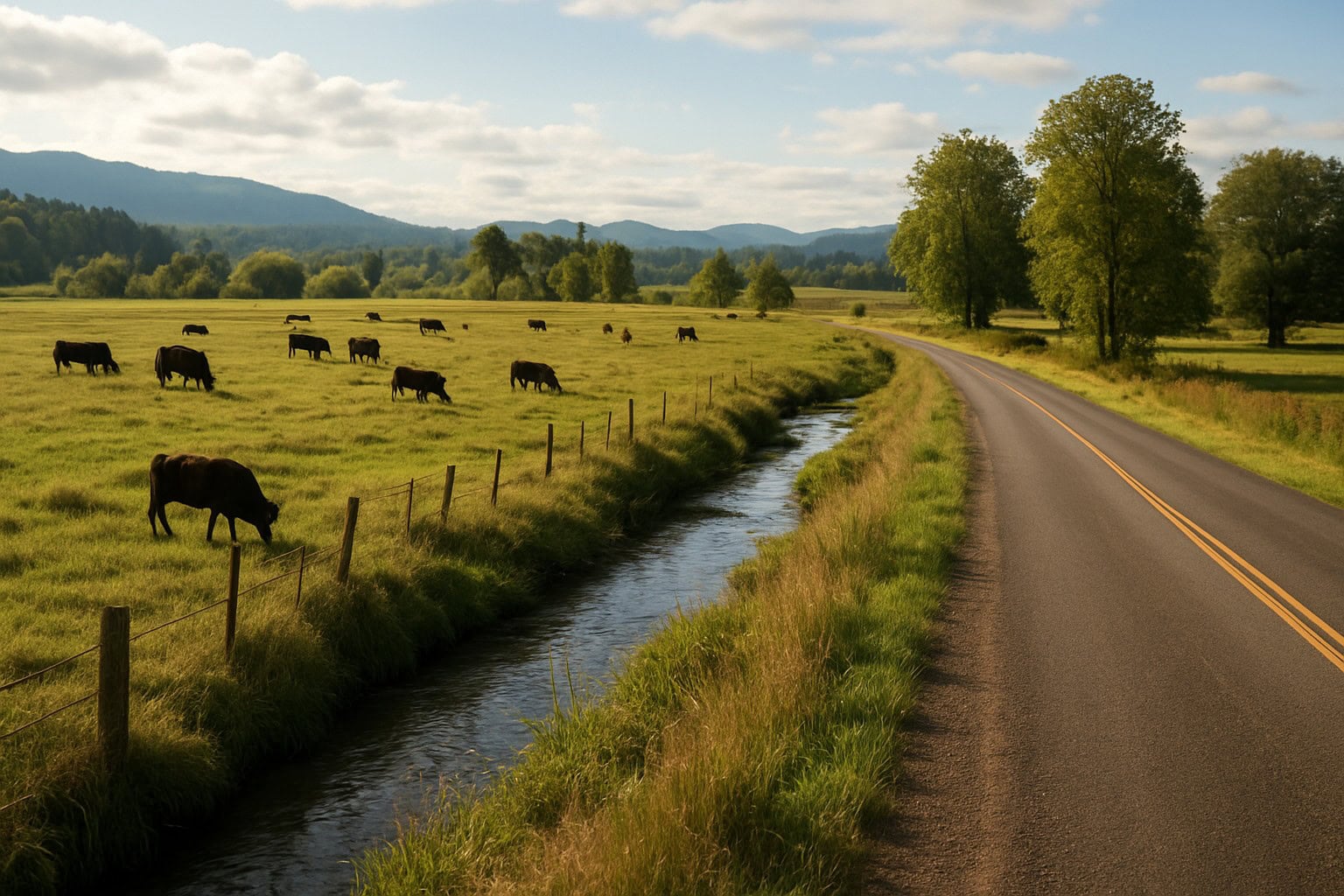 Rural road in Washington State with grazing land and creek.