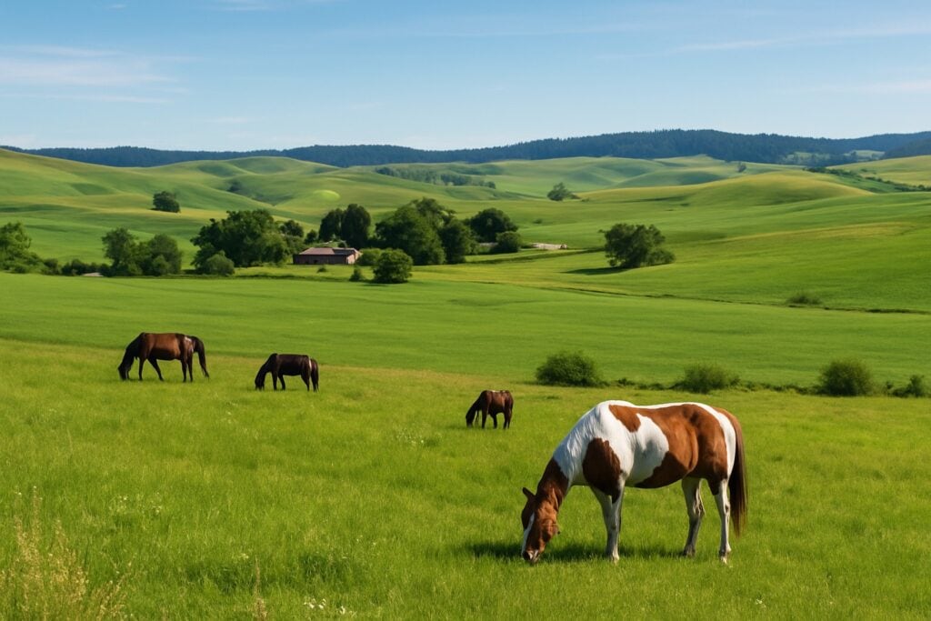 A scenic view of a Washington State farm with rolling hills and clear skies.