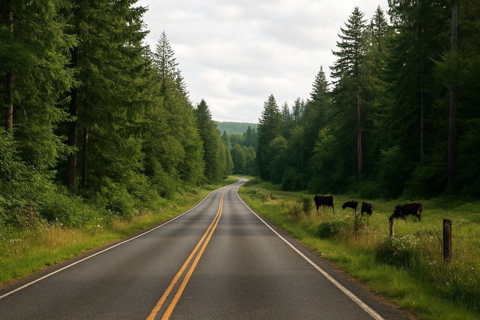 A rural road in Washington State surrounded by dense timberland.