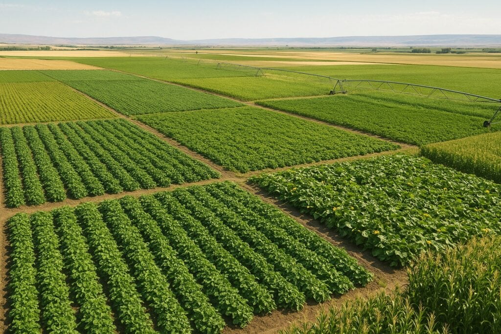 Aerial view of Washington State agricultural fields with potatoes, beans, squash, and corn.