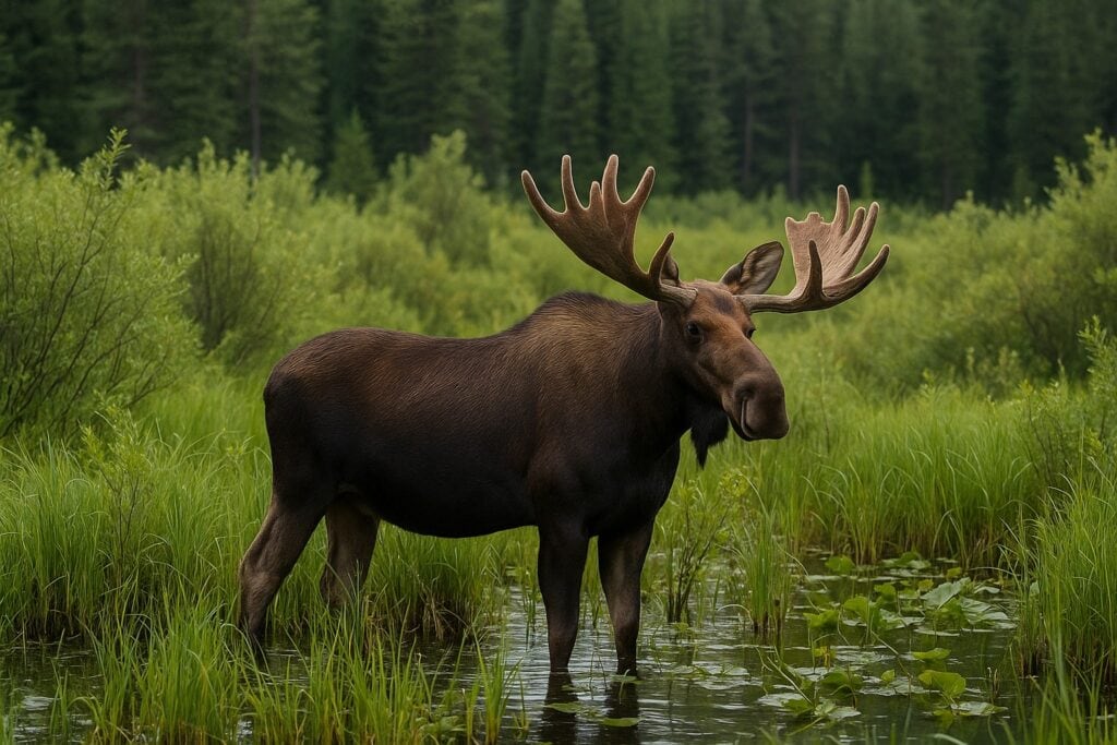 Moose in a Northeast Washington wetland with sedges and willows.