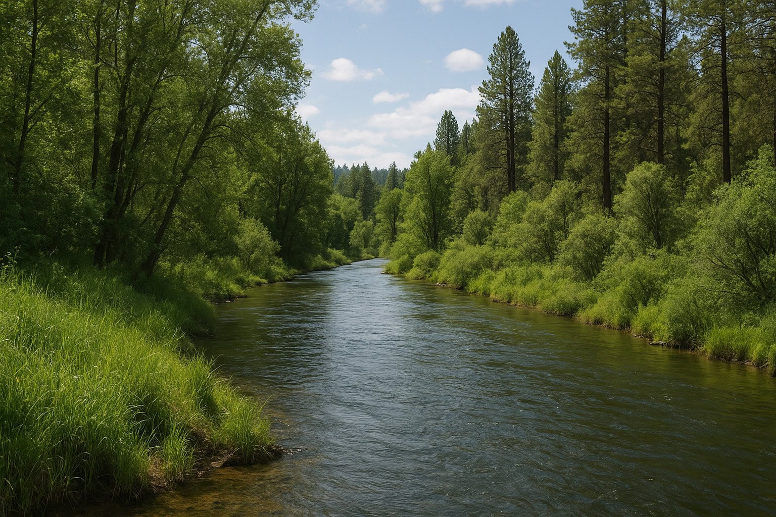 Riparian zone in Northeast Washington with lush vegetation and a river.