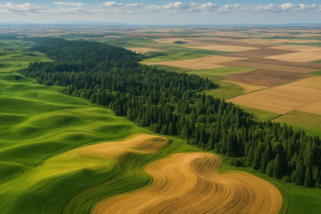Aerial view of Washington State's rural landscapes including fields, forests, and farmland.