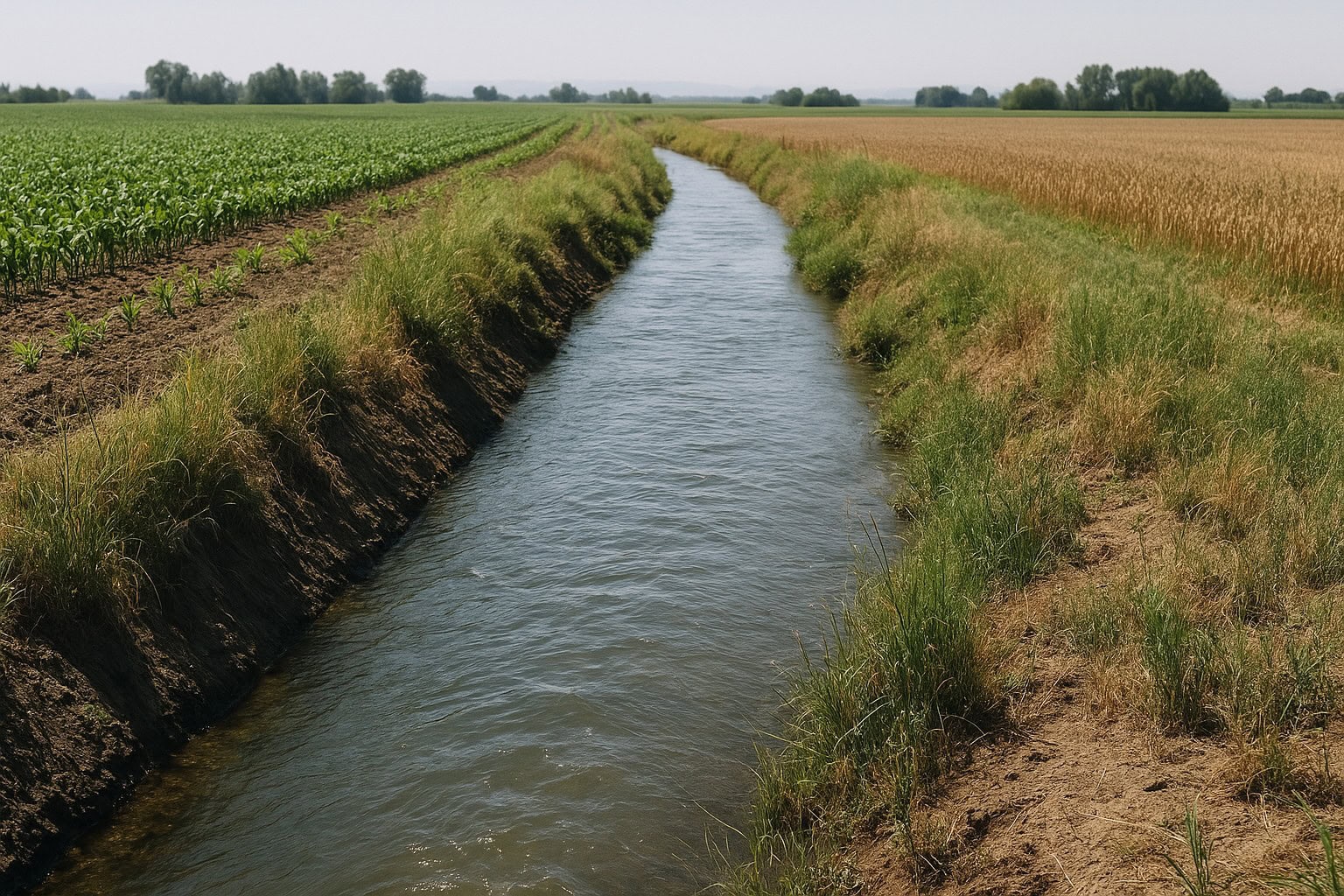 Irrigation canal in the Columbia Basin with farmland.