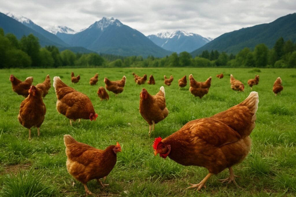 Chickens foraging outdoors in Washington State with mountains in the background.