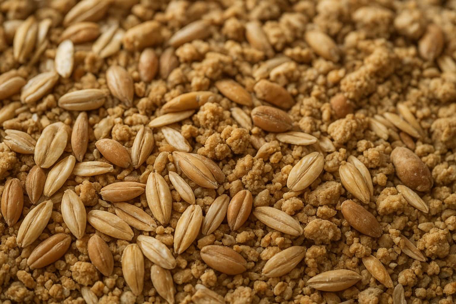 Balanced chicken feed mix with grains and protein sources.