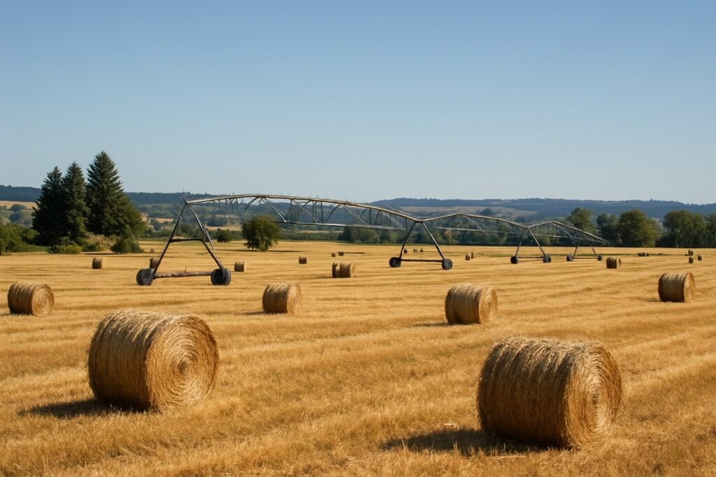 A Washington State farm with hay fields and irrigation systems.