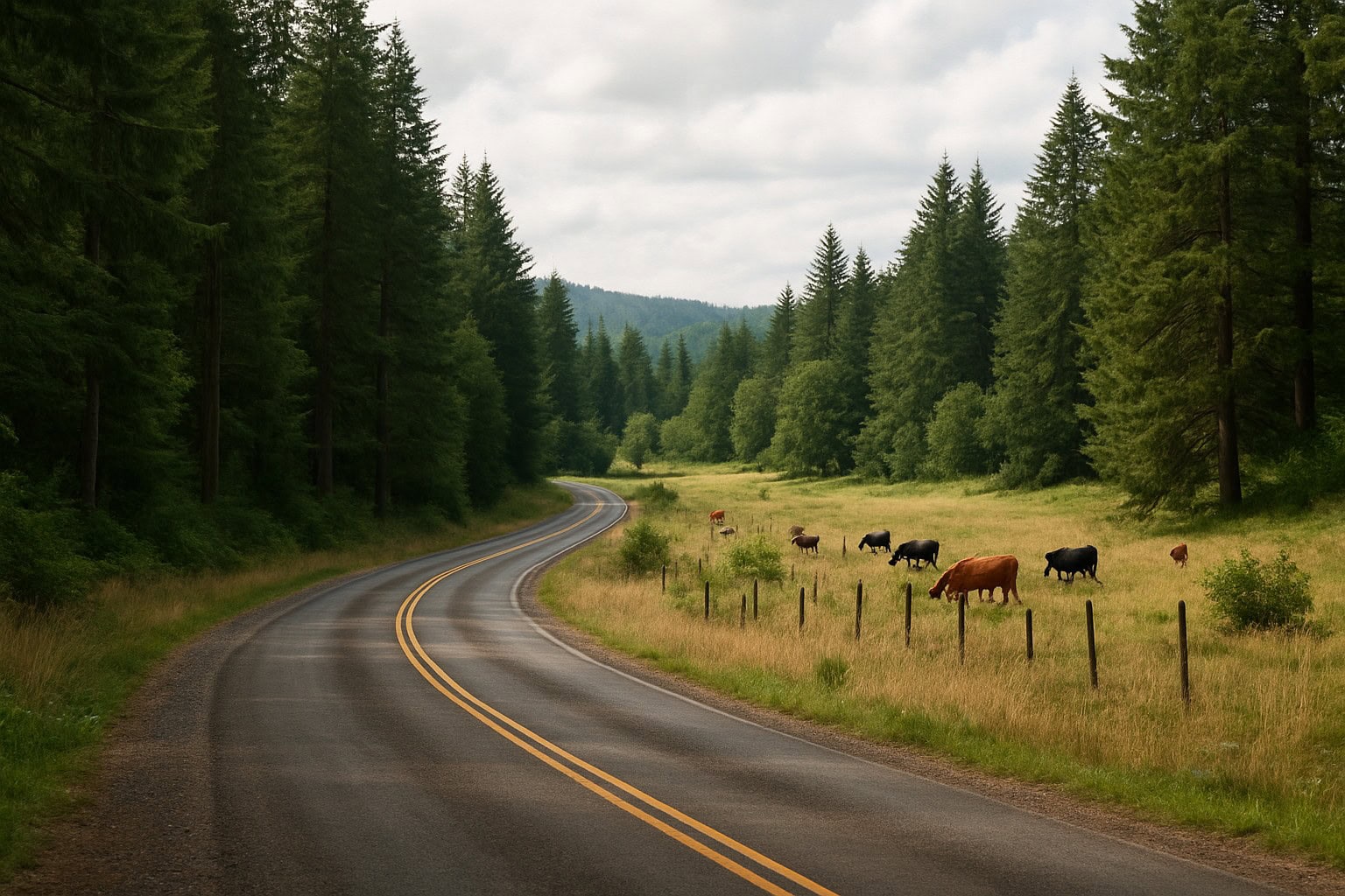 A rural road through Washington State timberland.