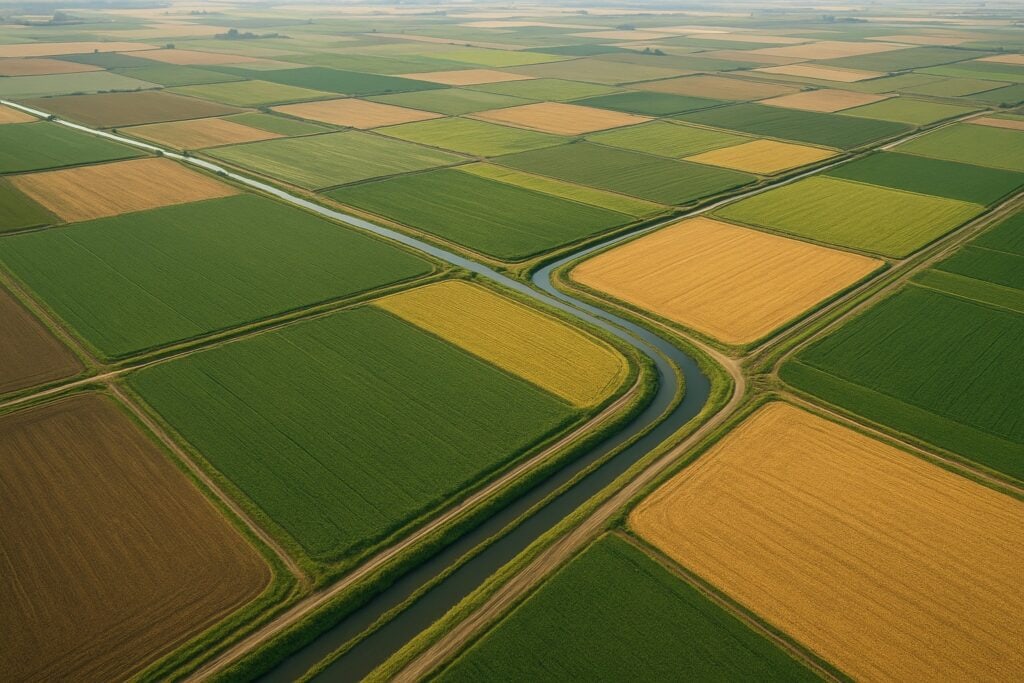 Aerial view of Washington State farmland with irrigation canals and diverse crops.
