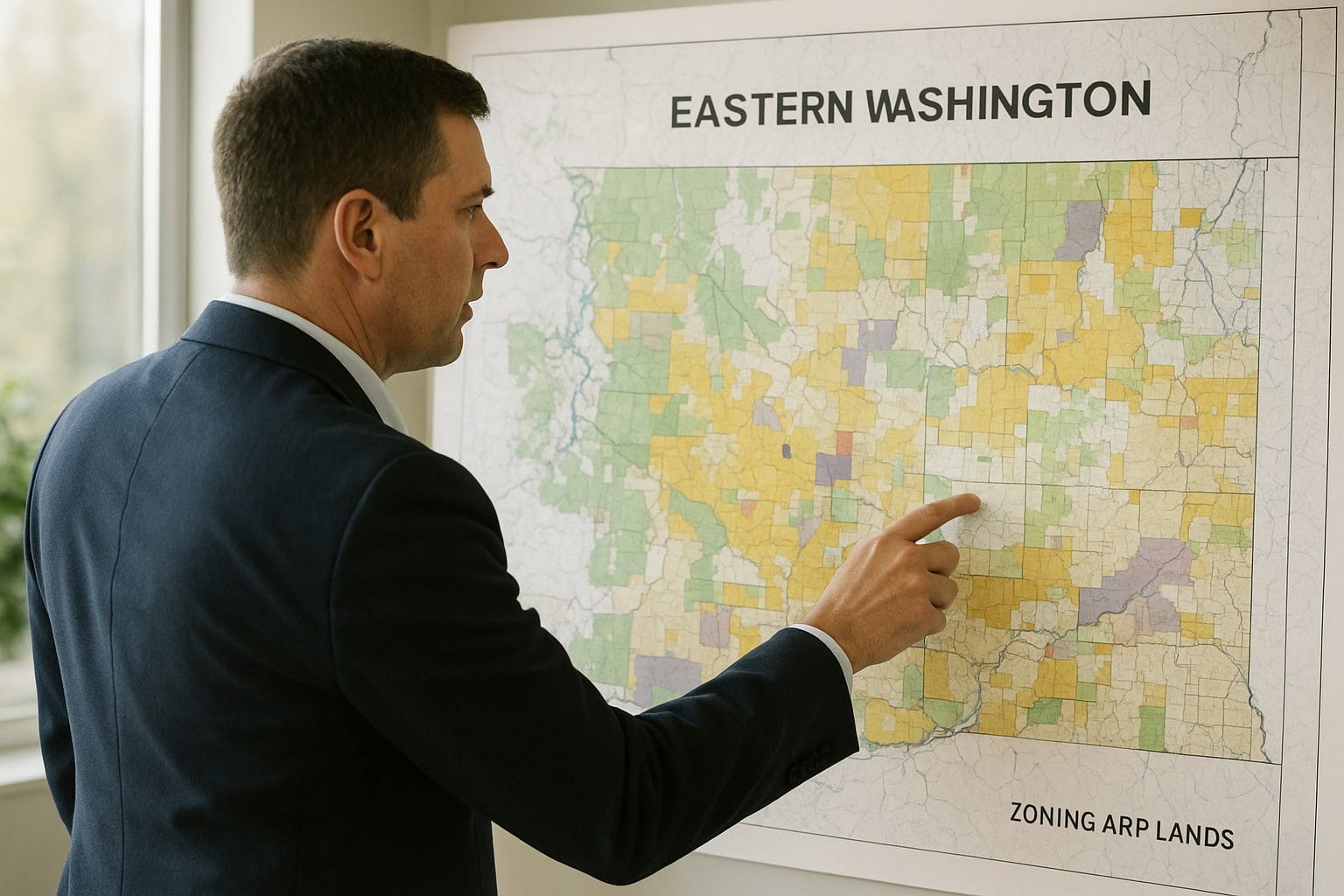Land broker examining a map of Eastern Washington with zoning and CRP areas.