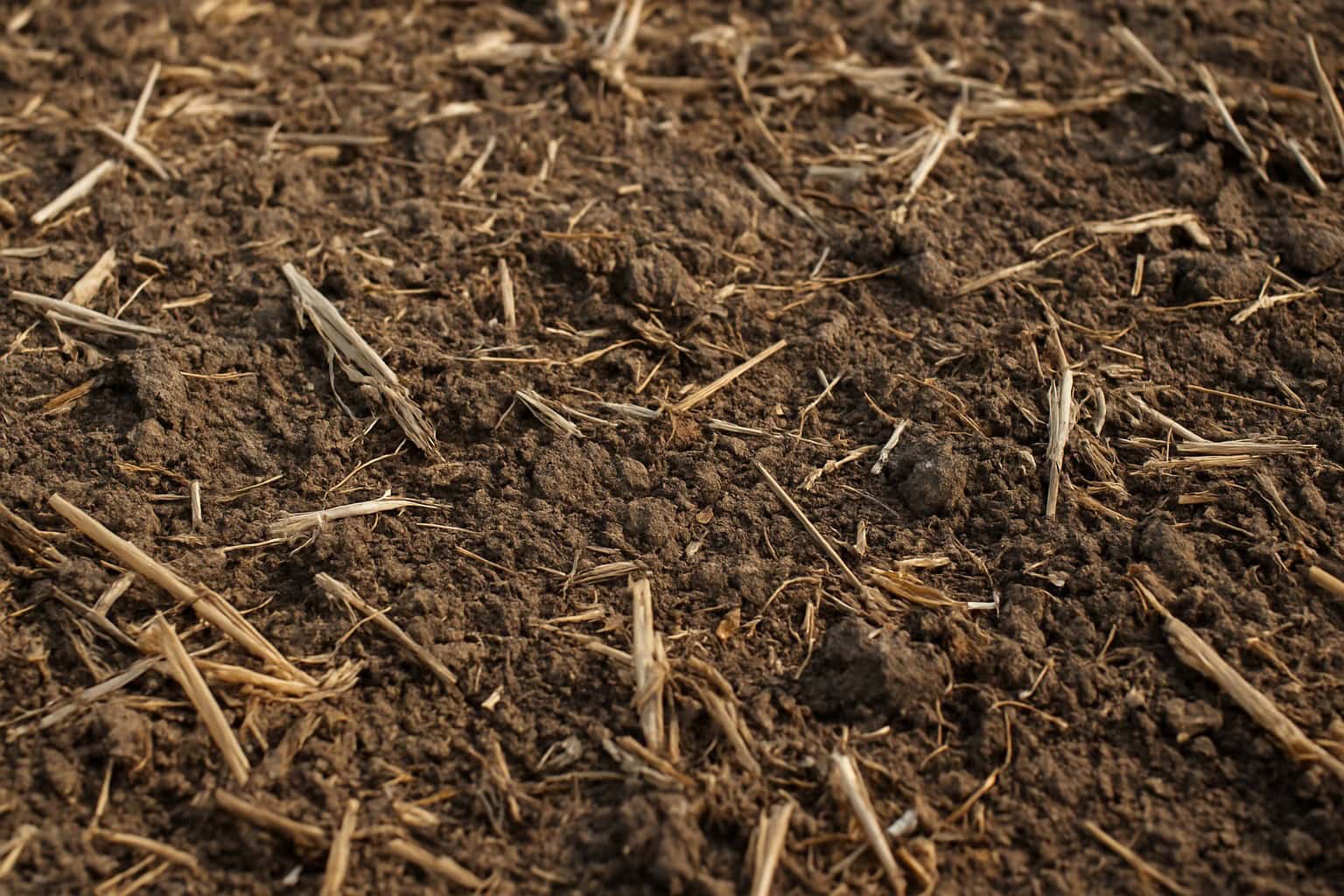 Close-up of soil with crop residues in a no-till farming system.