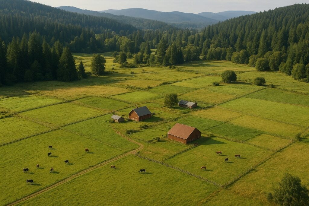 Aerial view of a ranch with pasture rotation in Washington State.