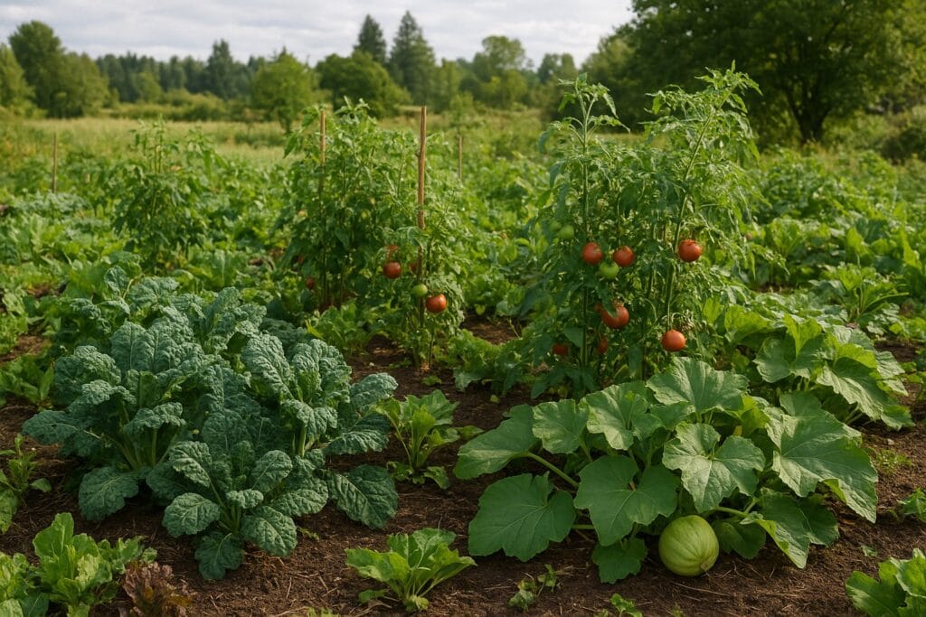 A diverse vegetable garden in Washington State with seasonal crops.