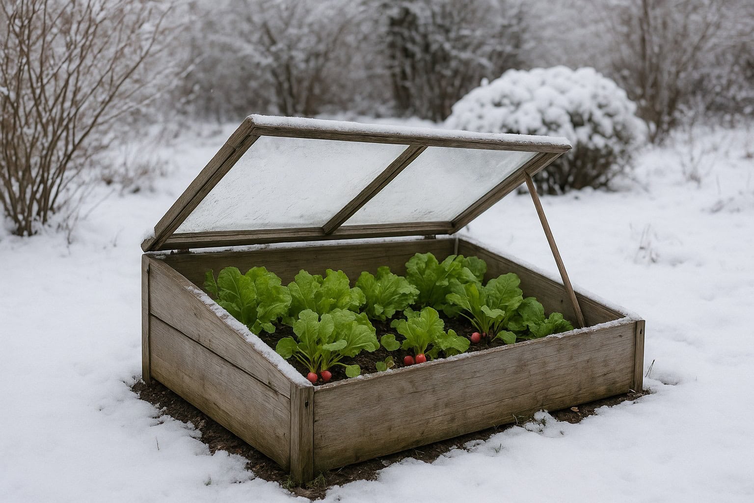 A cold frame in a Washington garden with winter crops.