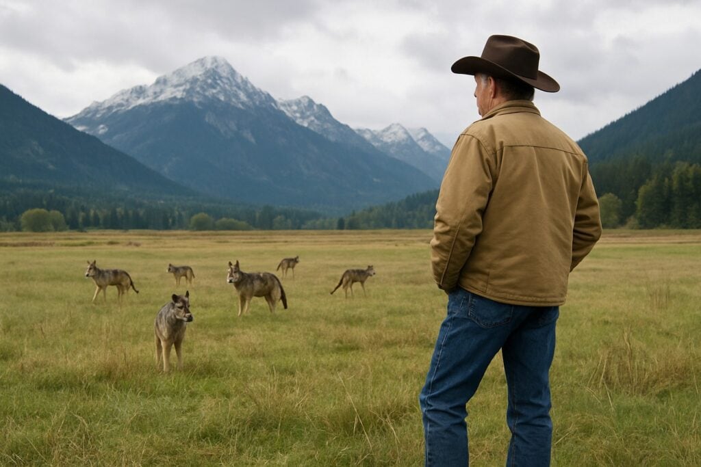 Rancher observing wolves in a Washington State landscape.
