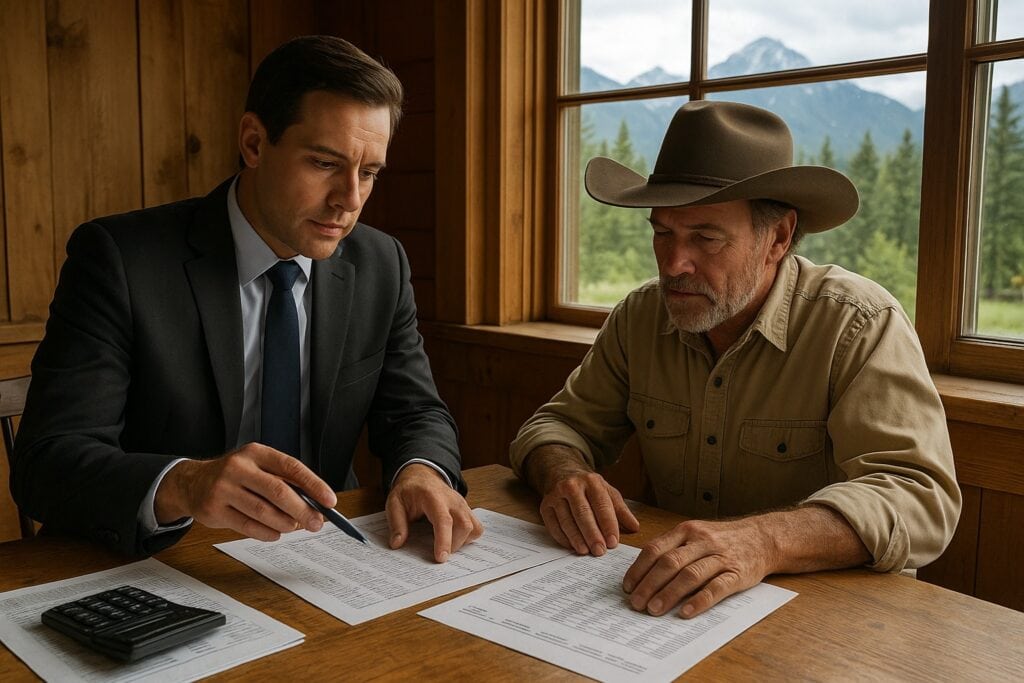 Broker and ranch owner reviewing financial records in Washington State.