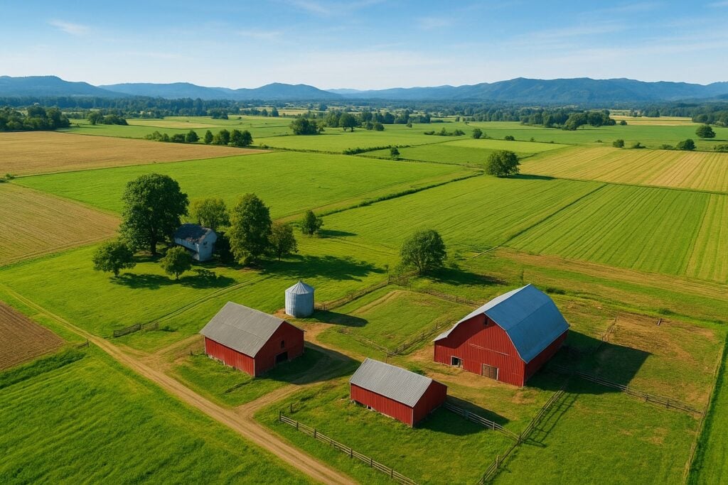 Aerial view of a pristine ranch in Washington State with organized fields and clean infrastructure.