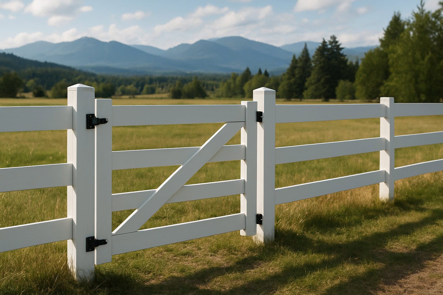Well-maintained ranch gate and fence with a scenic Washington backdrop.