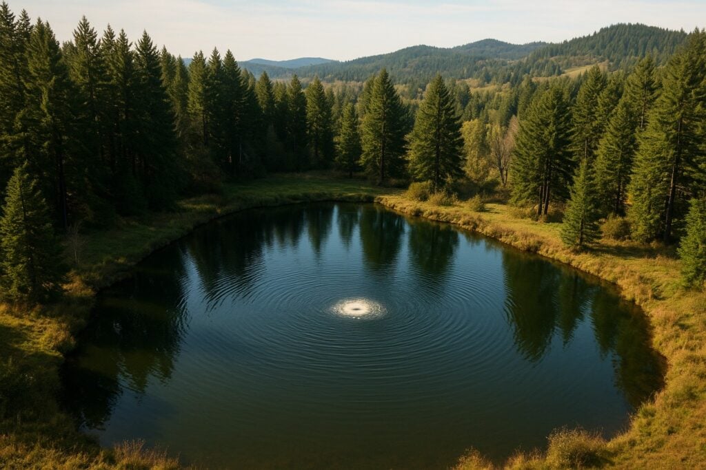 A rural pond with an aeration system in Washington State, surrounded by trees and hills.