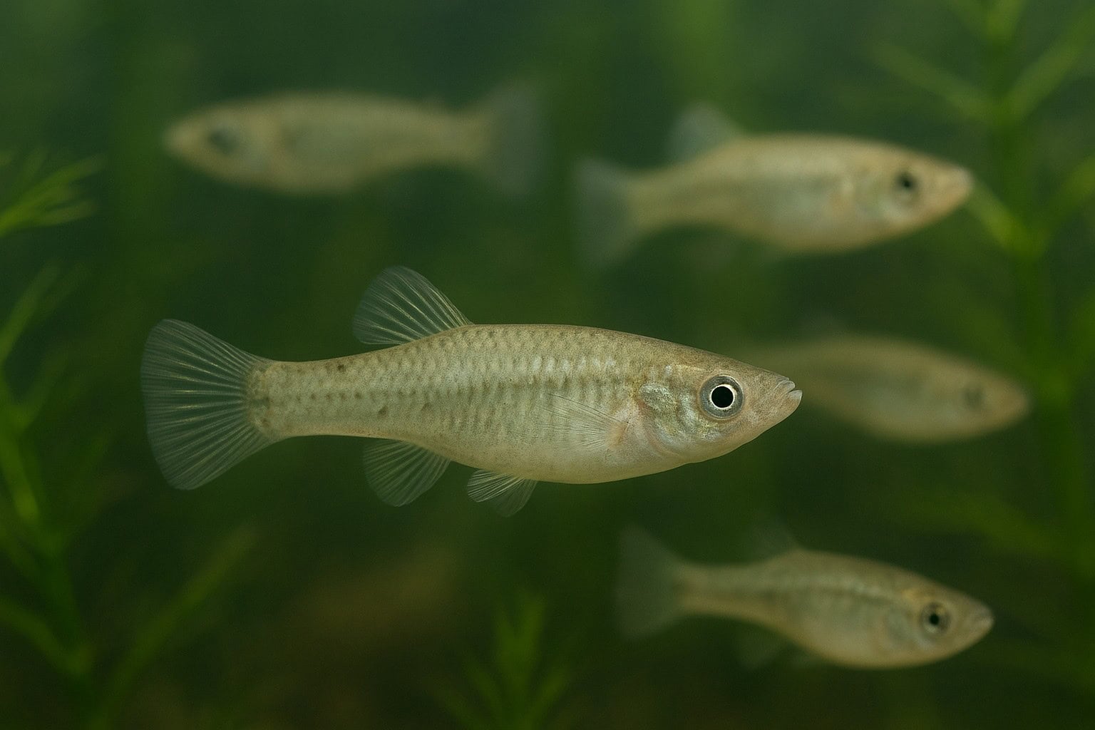 Gambusia affinis fish in water with aquatic plants.