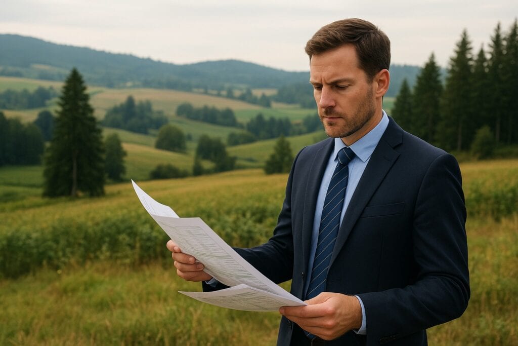 Person reviewing agricultural documents with Washington State landscape.
