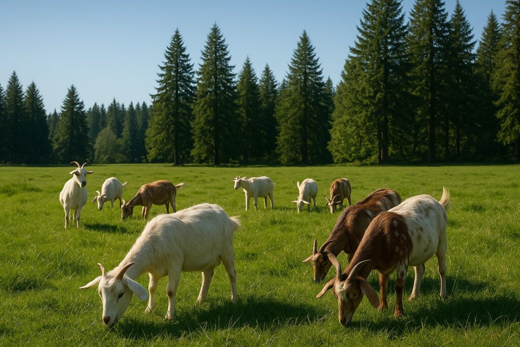 Goats grazing on a lush pasture in Western Washington with evergreen trees.