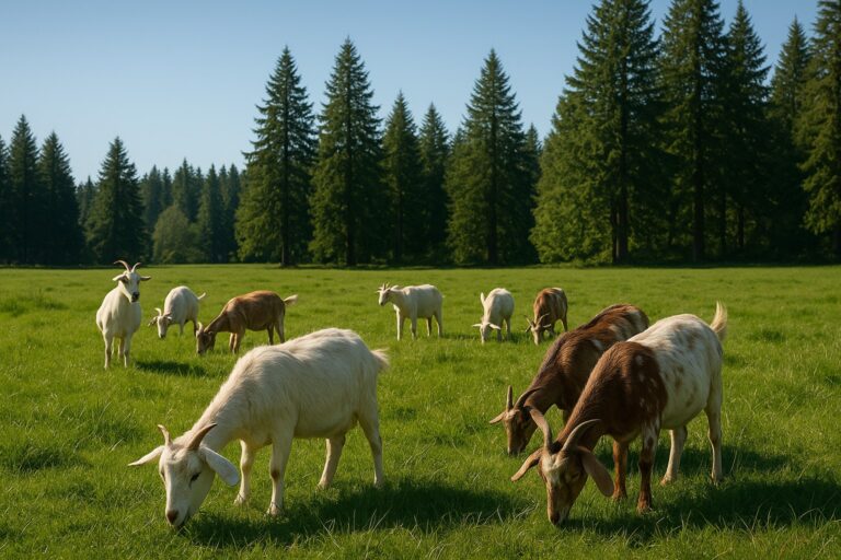 Goats grazing on a lush pasture in Western Washington with evergreen trees.