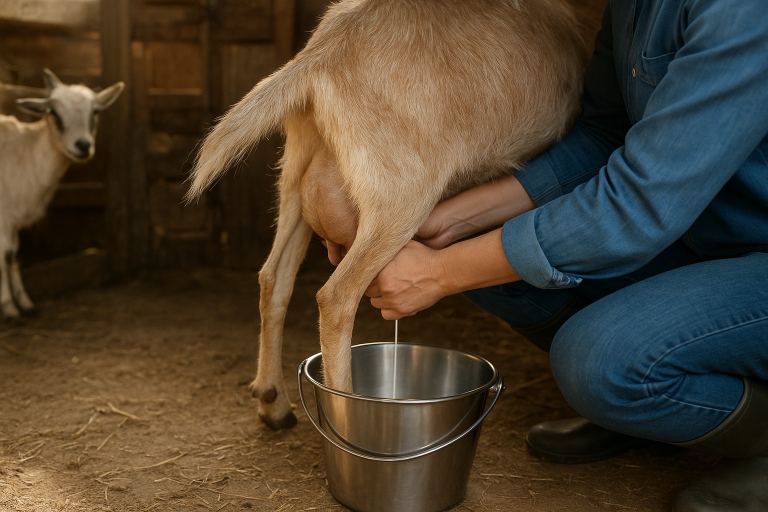 Farmer milking a goat in a barn setting with clean equipment.