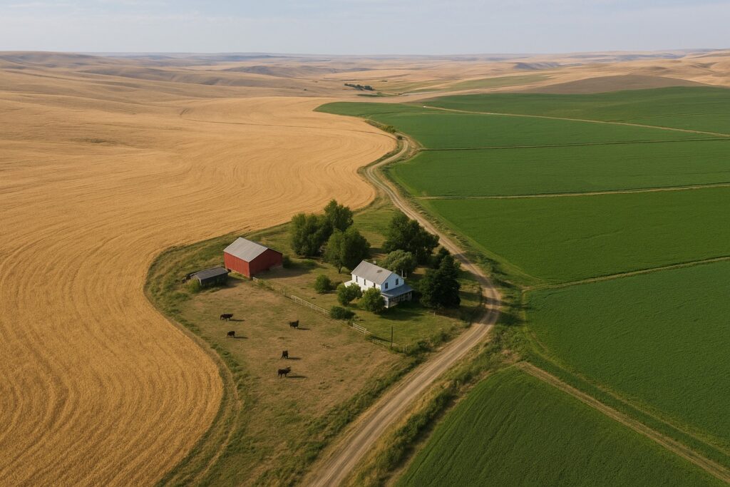 Aerial view of a Washington State ranch with diverse landscapes.