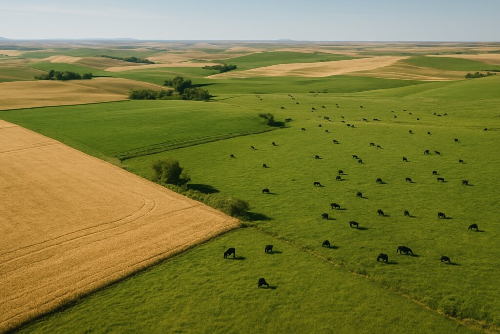 Aerial view of Washington State's diverse agricultural landscape with wheat fields, hay ground, and grazing lands.