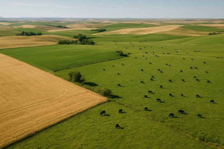 Aerial view of Washington State's diverse agricultural landscape with wheat fields, hay ground, and grazing lands.
