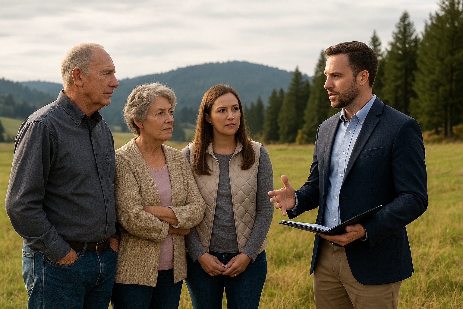 Land broker discussing succession planning with a family in rural Washington.