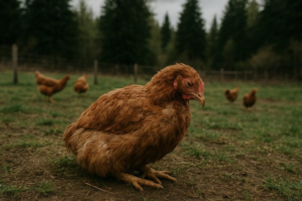 Backyard chicken showing signs of illness in a Washington State rural setting.