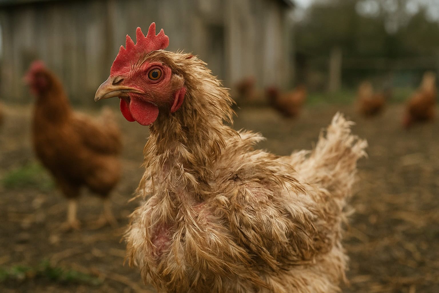 Chicken with dull and ruffled feathers in a Washington farm environment.