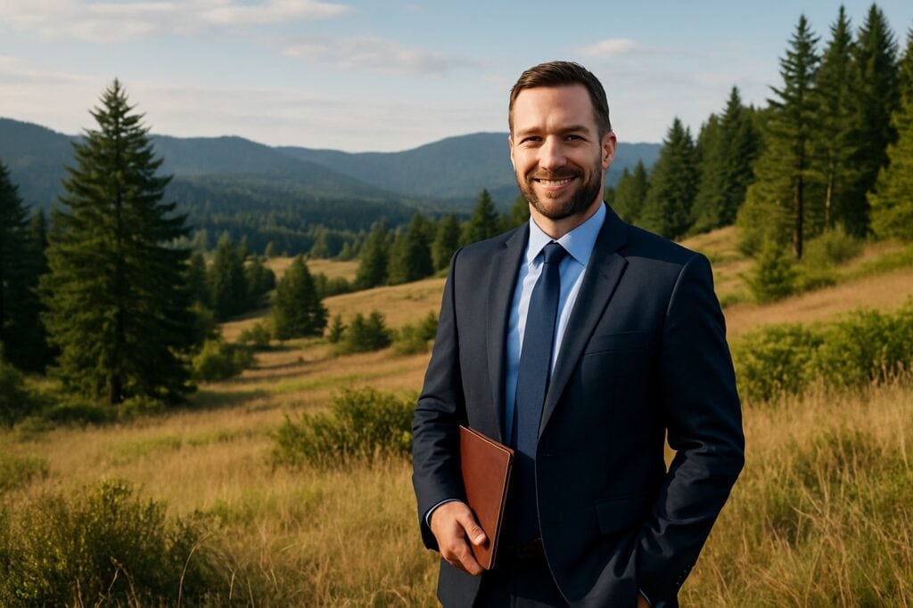 Land broker in Washington State landscape with hills and evergreens.