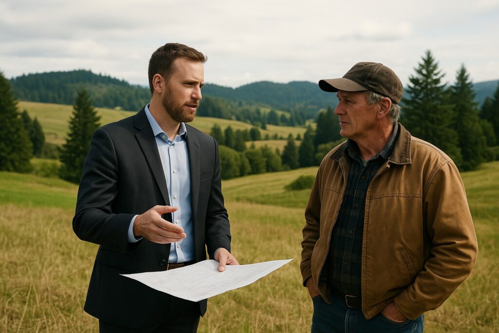 Land broker in Washington State discussing land management with a farmer.