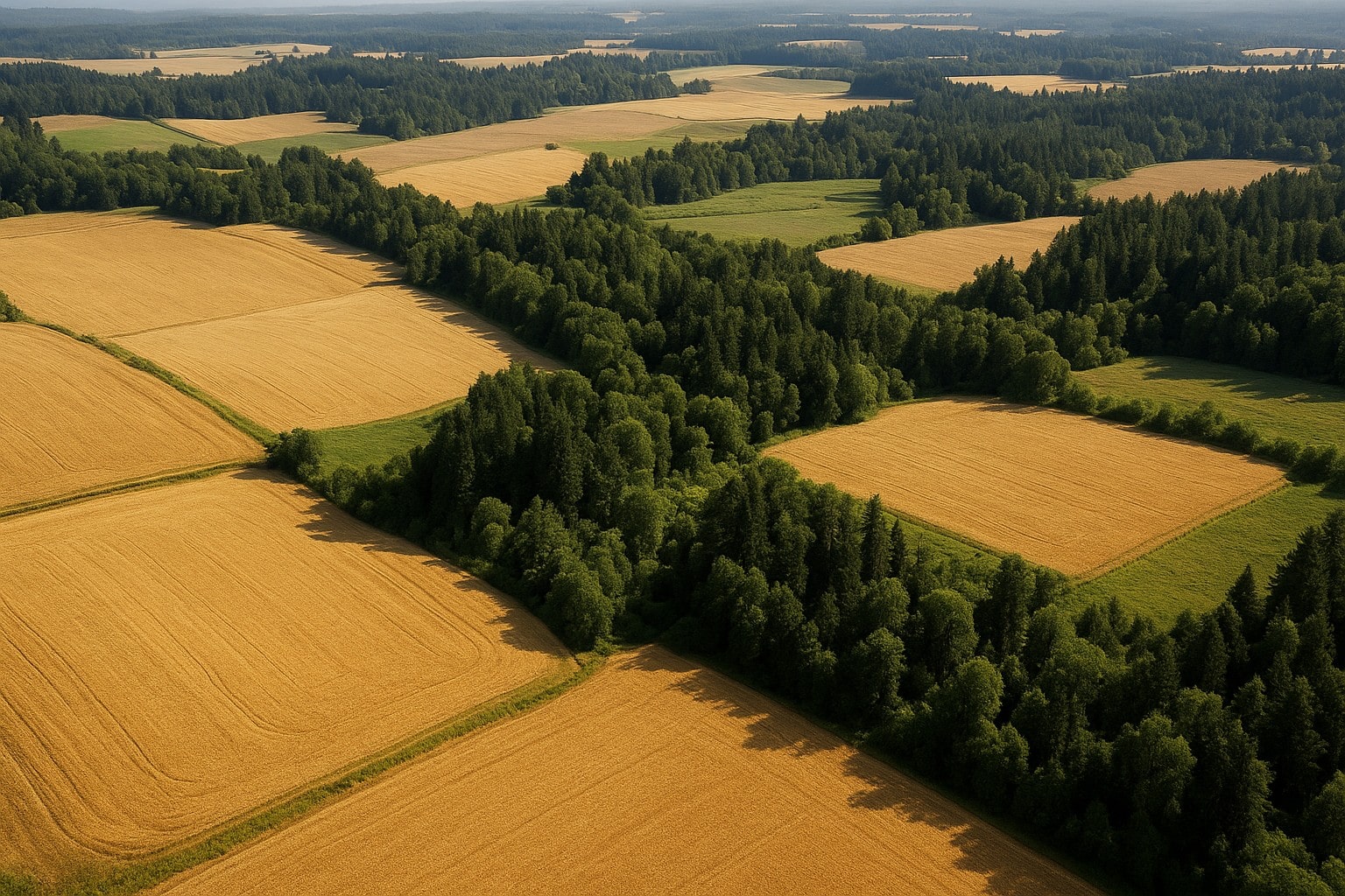 Aerial view of diverse Washington State farmland with wheat fields and timberlands.