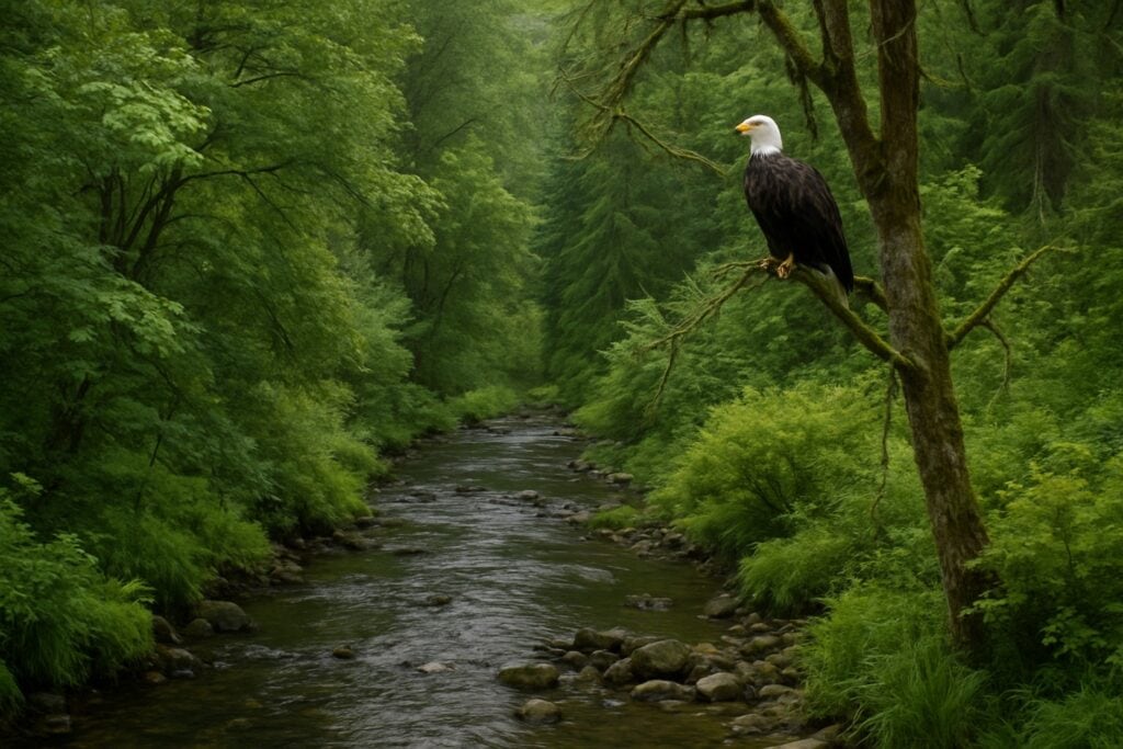 Riparian habitat in Washington with a stream, native plants, and a bald eagle.