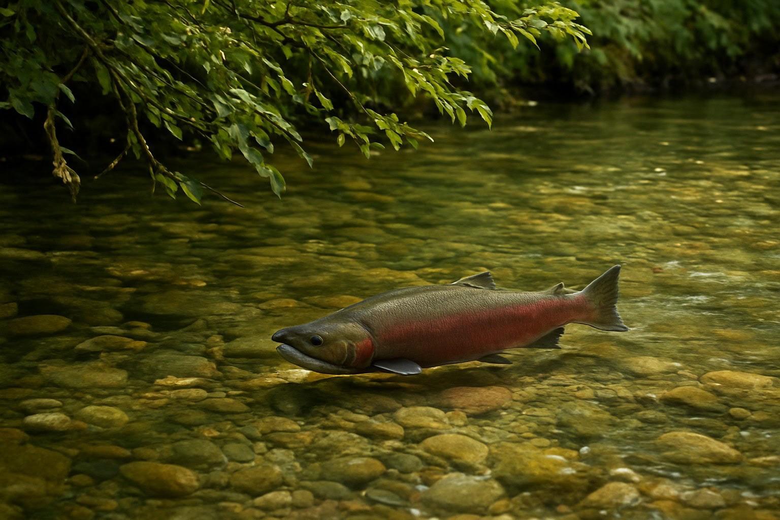 Salmon in a shaded Washington stream with native vegetation.