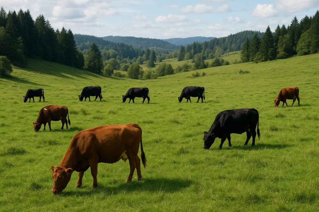 Cattle grazing in a lush Western Washington pasture, illustrating rotational grazing.