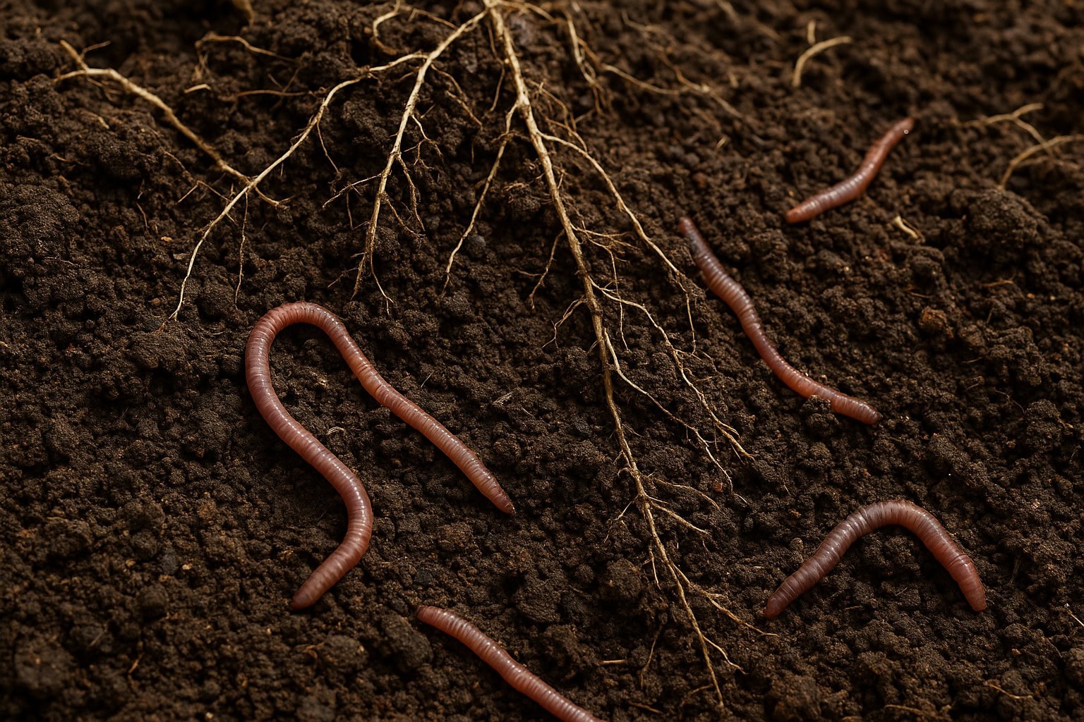 Healthy soil with earthworms and roots, showing benefits of rotational grazing.