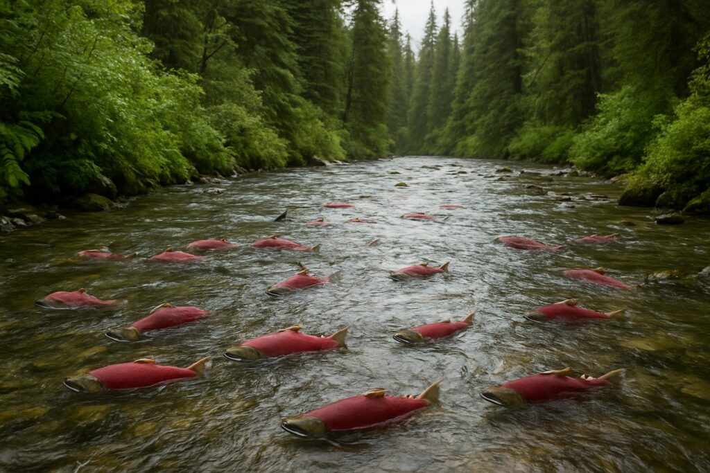 Salmon swimming in a Washington State river surrounded by greenery.