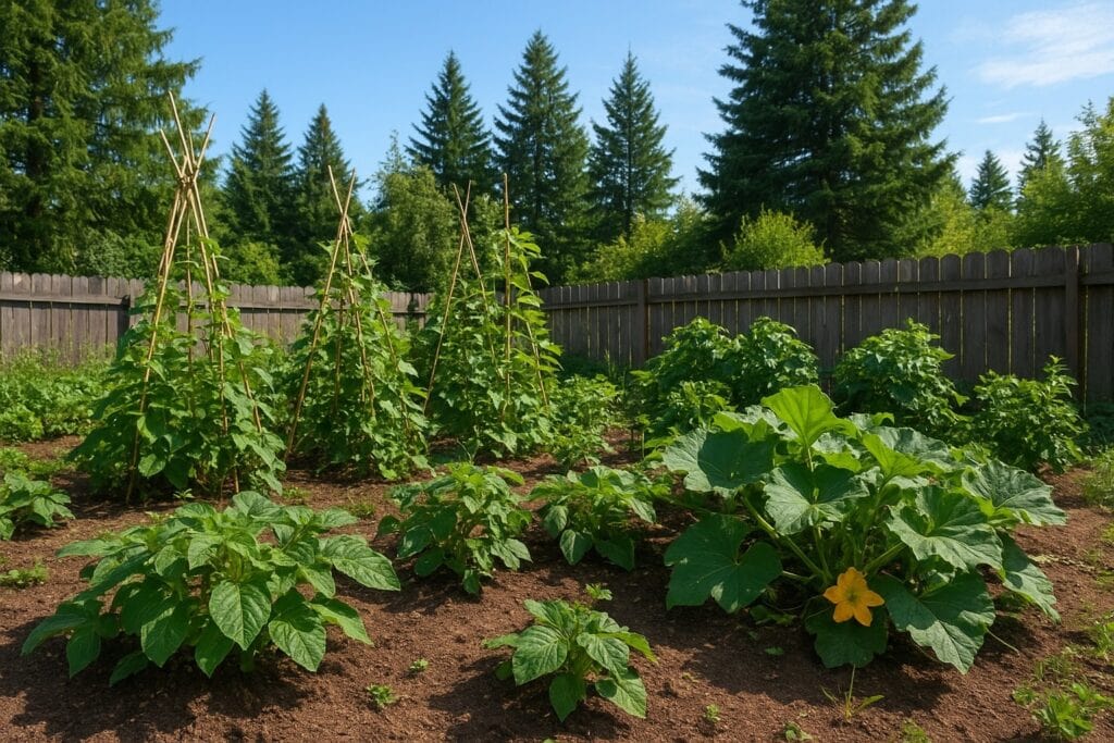 Backyard garden in Washington State with diverse vegetables and evergreen backdrop.